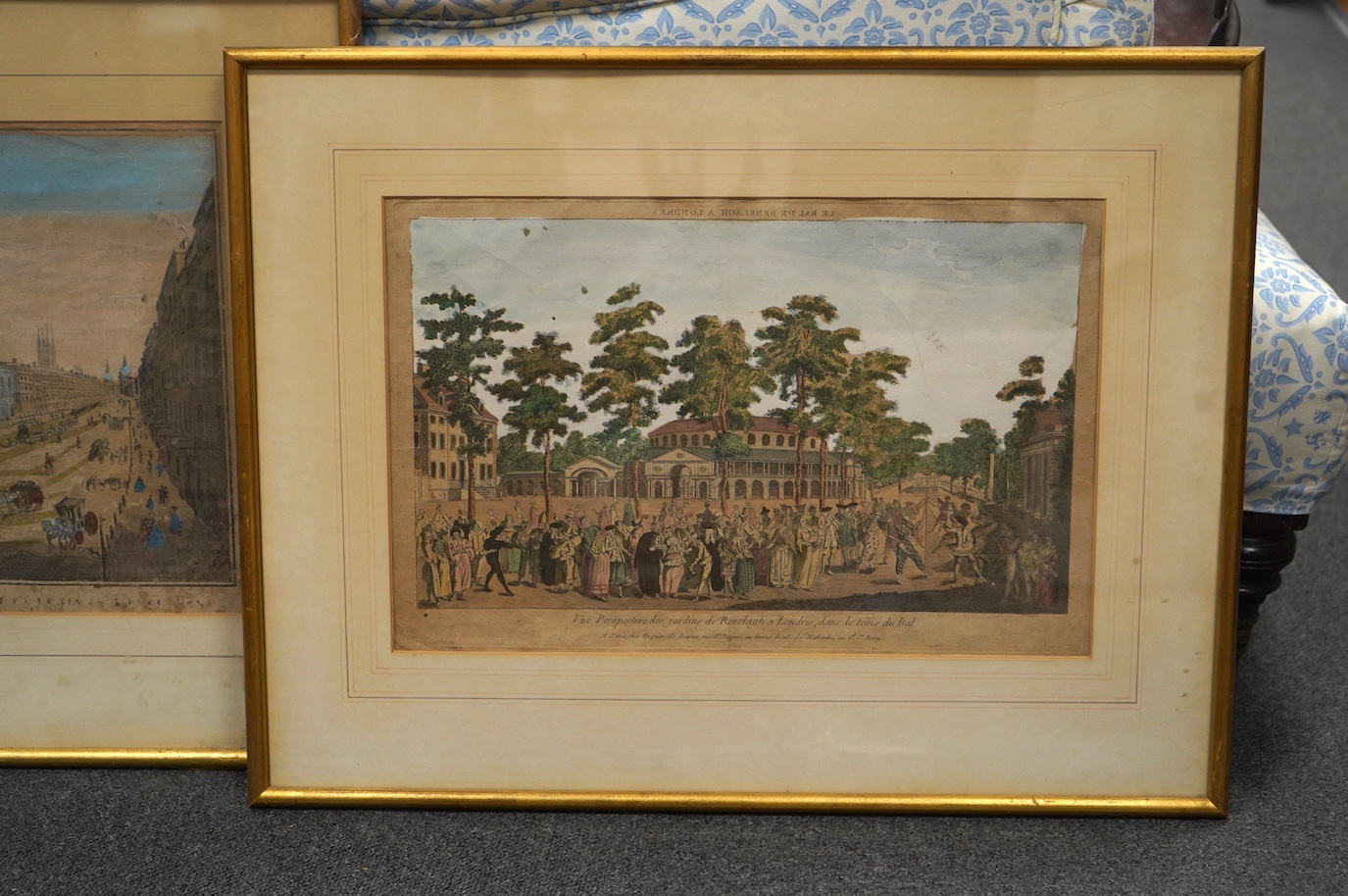 19th century, two colour engravings, London scenes to include Ranelagh Gardens, 27 x 41cm. Condition - poor